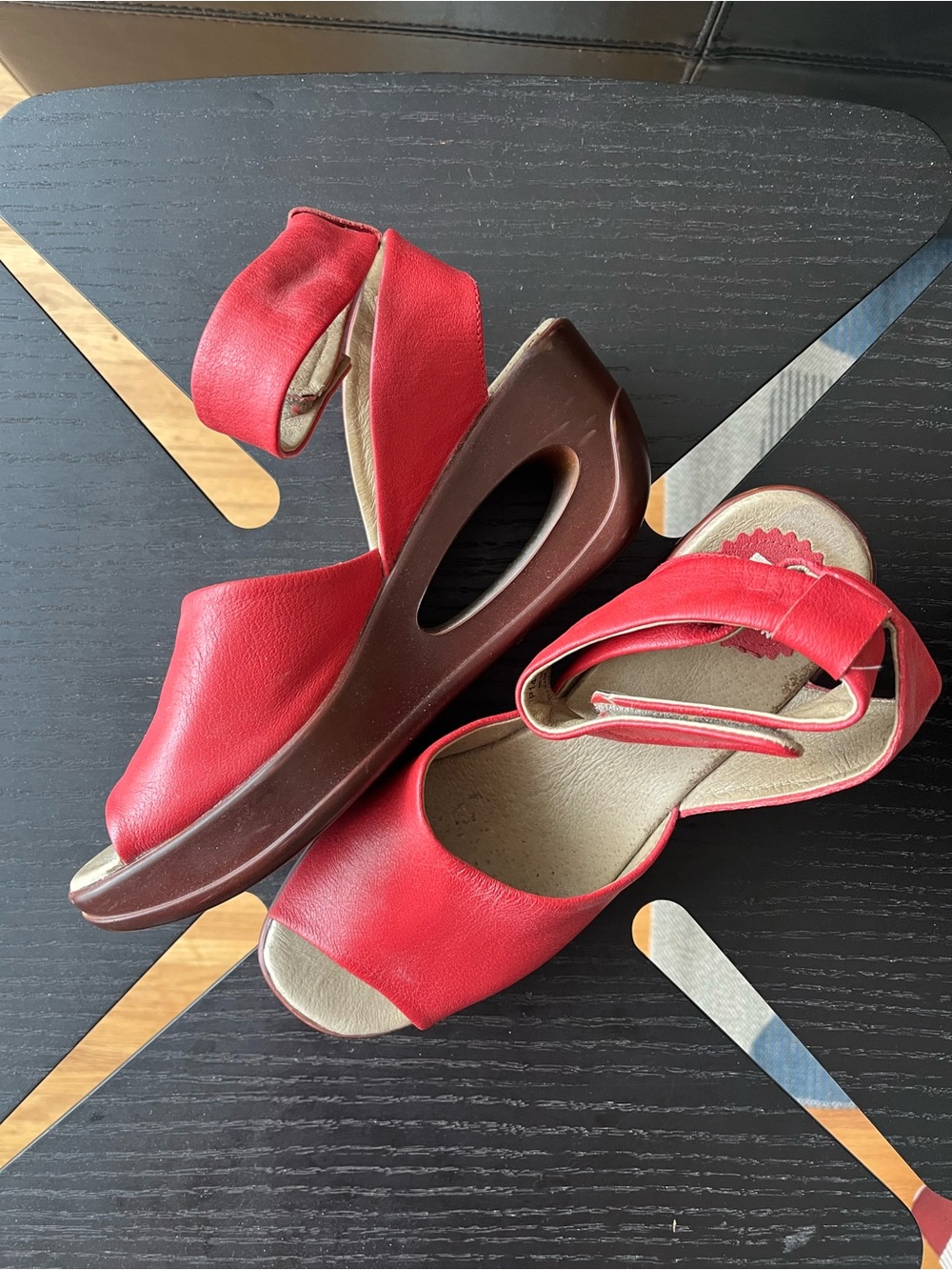 Fly London Red Women's Open-Toe Wedge Sandals